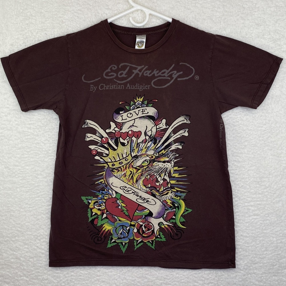 Ed Hardy Mens M Brown Tiger Graphic T-Shirt Christian Audigier Crew Neck Cotton
